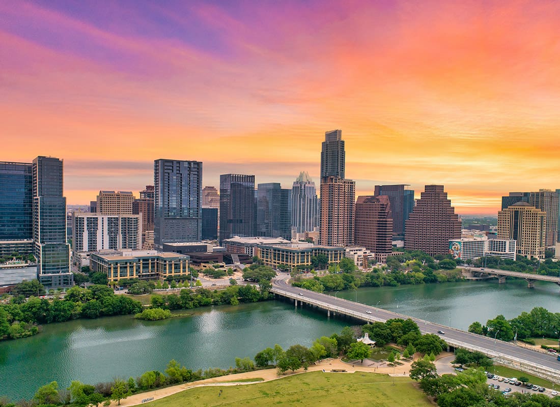 Austin, TX - Aerial View of Austin, TX Skyline During Sunset